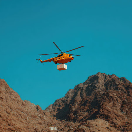 An orange helicopter flies above a rugged mountain range, carrying a square package. The composition features a clear, deep blue sky and the sunlit surface of the mountains. The image suggests aerial transport and logistics, with potential use in commercial or editorial contexts.の素材