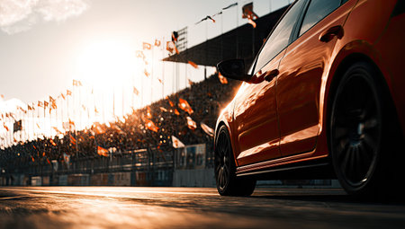An orange race car is captured on a racetrack, illuminated by strong sunlight. The composition emphasizes the car's dynamic form and dark wheels. A crowd of spectators lines the background, suggesting a competitive event. This image could be used for automotive, sports, or promotional material.の素材