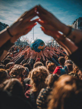 Numerous individuals gather, their hands reaching towards a globe, symbolizing global unity. The image features warm tones and overhead lighting. The composition suggests cooperation and a shared objective. The image could be suitable for articles related to sustainability or social issues.の素材
