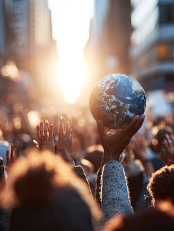 An individual raises a globe towards the sunlight amidst a crowd of people. The image displays warm tones and bright lighting, with a shallow depth of field. The style appears natural, likely captured outdoors during daytime. Suitable for representing global concepts or educational material.の素材
