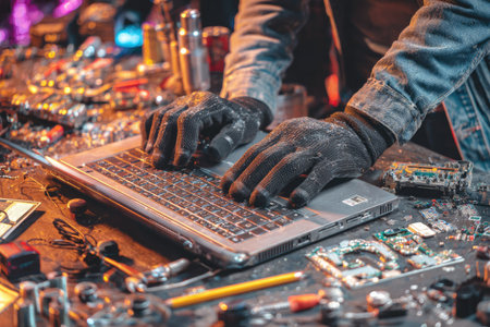 A person wearing gloves is shown working on a laptop. The scene is filled with a variety of tools, components, and electronic parts. The composition uses a shallow depth of field, with warm and cool tones, hinting at an environment that could involve repair or technical work, suitable for commercial projects.の素材
