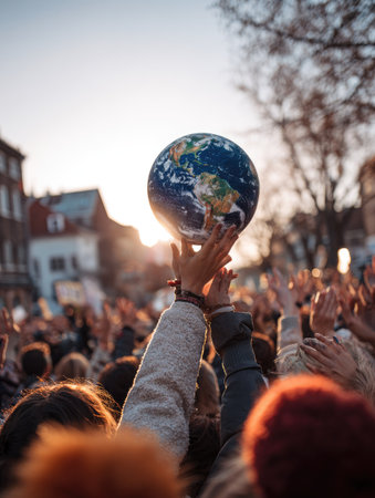 An image shows hands reaching toward a globe. The scene is illuminated by sunlight creating a warm atmosphere. Individuals in the crowd extend their arms to the globe. The photo's use is suitable for themes such as global awareness, environmental conservation, and social responsibility. It may find use in editorial or promotional contexts.の素材