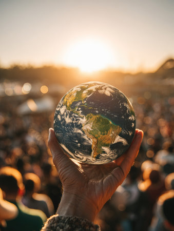 An outstretched hand holds a globe of the Earth against a backdrop of sunlight and people. The image features warm colors and a shallow depth of field, creating a soft focus on the central subject. This photograph may be suitable for illustrating themes such as environmentalism, globalization, or world awareness, with possible editorial or commercial applications.の素材