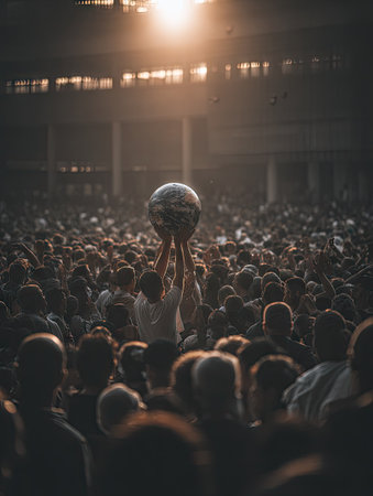 An overhead shot depicts numerous individuals gathered, focusing on a figure holding a globe aloft. Warm light streams from above, illuminating the scene. The image presents a sense of unity and shared purpose, suitable for various editorial and promotional applications. The composition emphasizes the relationship between the crowd and the central object.の素材