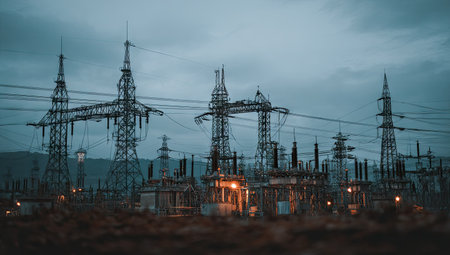An image showcases a power plant featuring tall metal structures and overhead wires against a cloudy evening sky. The composition emphasizes the industrial nature, with dark hues, creating a sense of scale and providing a visual of energy. Suitable for various uses within the energy and infrastructure sectors.の素材