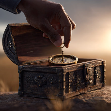 An individual's hand delicately holds a compass above an open wooden chest. The image displays a vintage aesthetic with warm, earthy tones. The chest exhibits intricate details, suggestive of a treasure. The composition is lit by natural light, hinting at an outdoor setting. Suitable for concepts involving discovery or exploration.の素材