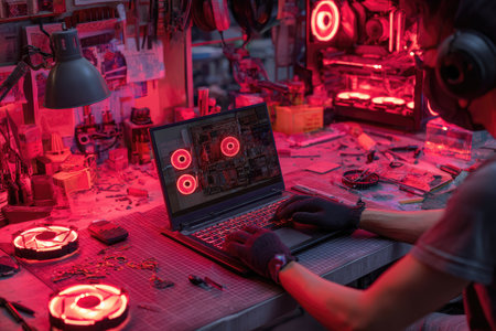 An individual uses a laptop illuminated with red lights, immersed in a workspace. The scene showcases modern technology and a focused activity. The image features a vibrant red color scheme and offers potential for illustrating innovation or technology-related themes. It is suitable for various commercial uses.の素材