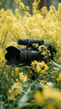 A professional video camera rests among vibrant yellow wildflowers. The composition features the camera prominently, showcasing its details. The scene is bathed in natural light, suggesting an outdoor environment. This image could be suitable for various commercial projects related to nature, technology, or creative content production.の素材