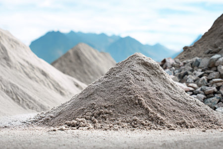 This image features a large pile of sand and rocks, potentially in a construction or industrial setting. The composition showcases textured surfaces and neutral tones against a blurred mountain landscape. This photograph can be used for various commercial or editorial applications such as articles or advertising.の素材