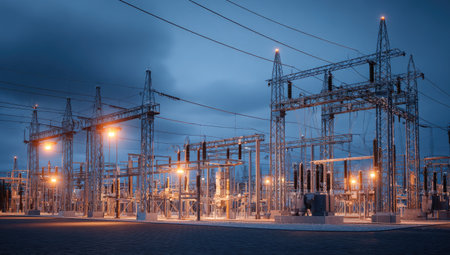 An image showcases a power station at dusk, illuminated by artificial light. The composition features numerous metallic structures and overhead cables against a darkening sky. The photograph's style suggests a technical or industrial setting, possibly suited for illustrating energy concepts or industry-related articles. It has potential uses in various commercial and editorial projects.の素材