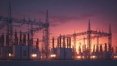 An image captures a power plant silhouetted against a vibrant sunset. The composition displays various structures and lines, with warm colors dominating the horizon. The photograph showcases the industrial environment, potentially suitable for editorial content or commercial projects related to energy or infrastructure.の素材