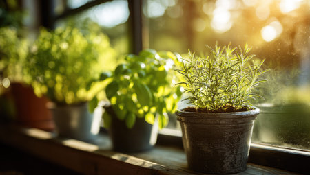 Various potted herbs sit on a windowsill, bathed in warm sunlight. The image showcases vibrant green foliage against a blurred backdrop. The composition highlights the natural textures and the interplay of light and shadow, suitable for illustrating gardening or culinary themes, and is usable for commercial applications.の素材