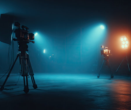 This image showcases a professional studio environment featuring several cameras mounted on tripods. The scene is illuminated by dramatic spotlights casting blue and orange hues across the space. The composition emphasizes the equipment, suggesting a location for film or photography projects suitable for media or creative industries.の素材