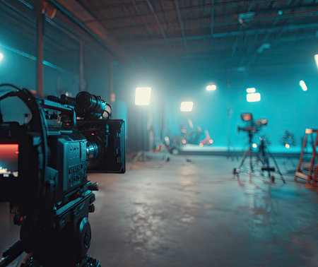 A close-up shot features professional video cameras in a spacious studio environment. The scene showcases a combination of artificial lighting that bathes the area in cool blue tones. This image can be used for promotional material or illustrate concepts related to filmmaking and media production.の素材