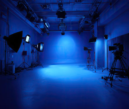 An empty studio is illuminated by blue lights, with various studio lights and equipment strategically positioned. The composition features clean lines and a modern aesthetic, suggesting a versatile workspace. This image could be suitable for commercial projects needing a visually appealing backdrop or concept.の素材