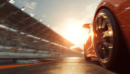 A close-up view presents a racing car in motion, featuring vibrant red tones. The composition captures the speed with a blurred background of a stadium. Strong sunlight provides a warm, dynamic lighting effect. The image is suitable for promotional materials, advertising, and editorial content related to automobiles.の素材