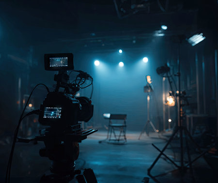 A professional video camera is set up in a studio environment. The scene showcases lighting equipment and studio props, while the lighting creates a moody atmosphere. The overall composition suggests a professional setting. The image may be suitable for advertising, marketing or editorial content.の素材