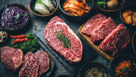 An overhead shot showcases various cuts of raw beef steaks alongside small bowls filled with colorful vegetables and spices. The scene is brightly lit, displaying rich reds, greens, and browns. This composition suggests a culinary theme suitable for food-related projects and commercial use.の素材
