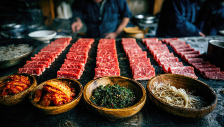 An overhead view displays rows of fresh raw meat accompanied by various side dishes arranged in wooden bowls. The composition features rich colors and textures under even lighting. The scene suggests a culinary setting, possibly indicating a focus on food preparation. This image could be utilized for restaurant promotions or culinary publications.の素材