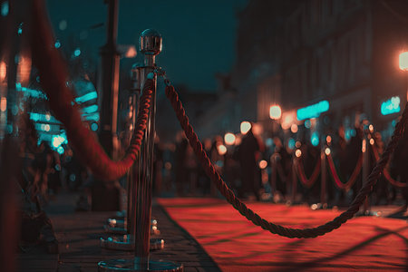A red carpet is set up with velvet ropes and stanchions, suggesting an event. The scene has artificial lighting at night, with a blurred background. The style may be used for various commercial or editorial applications such as a grand opening or a celebration.の素材