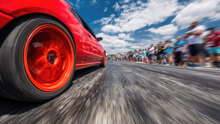 A vibrant red sports car streaks across a racetrack, showcasing a dynamic visual. The image highlights motion blur, emphasizing speed, with a focus on the vehicle's wheel. A crowd of people is present in the background. This image is suitable for advertising, editorial, or commercial use.の素材