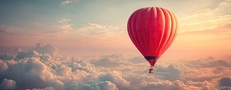 A vibrant red hot air balloon floats against a backdrop of fluffy clouds and a colorful sky. The composition emphasizes a sense of height and freedom, illuminated by warm sunlight. This image could be suitable for various uses, including advertising and editorial content relating to travel and adventure.の素材