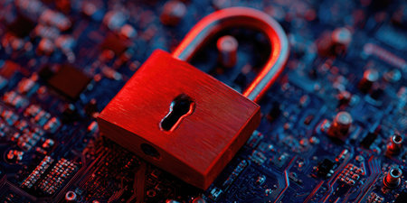 A close-up view depicts a red padlock resting on a complex circuit board. The image is characterized by cool blues and vibrant reds, indicating a potential digital context. This visual may be applicable in multiple commercial projects related to security, data protection, and technology.の素材