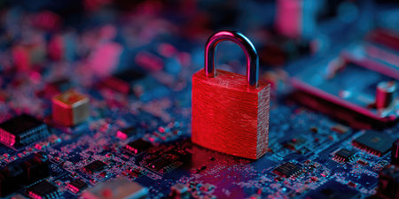 A close-up view presents a red padlock placed on a detailed circuit board. The image is characterized by a cool and warm color contrast, with blue and magenta hues. The textured components suggest an indoor setting. This visual concept could be suitable for various commercial uses, including technology and security.の素材