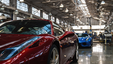 A vibrant red sports car dominates the foreground, contrasted by a blue car in the background, within a large industrial interior. The scene exhibits a modern aesthetic with bright overhead lighting, reflecting off a polished floor. This image could serve various commercial applications, including automotive advertising and design projects.の素材
