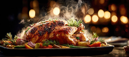 A close-up shot showcases a cooked turkey surrounded by fresh herbs and vegetables. The dish is presented on a dark plate, with steam rising against a blurred, warm-toned background. The image exhibits rich colors and textures, suitable for culinary content and editorial use. It suggests a dining setting indoors.の素材