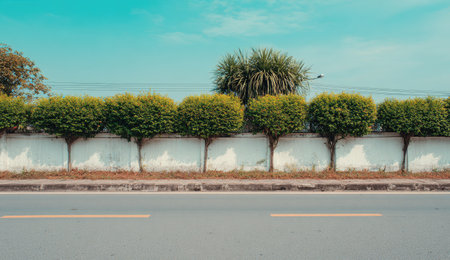 This image showcases a row of trimmed bushes and trees aligned next to a white concrete wall. The composition uses a low-angle perspective, creating a sense of depth and openness. The scene is illuminated by natural sunlight, with a clear blue sky, suitable for various design, advertising, and editorial applications.の素材