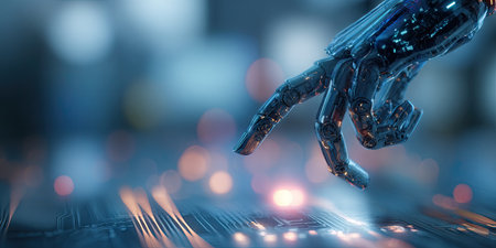 A close-up view presents a futuristic robotic hand poised above a circuit board. The image is characterized by a cool color palette with metallic blue tones and subtle lighting, creating a sense of technological advancement. It may be suitable for illustrating themes related to automation, computer science, or innovation.の素材