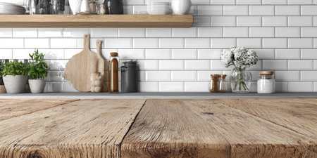 A close-up view presents a wooden table in a well-lit kitchen setting. The composition includes cutting boards, shelves, and various kitchen items against a tiled background. The warm tones and texture of the wood contrast with the white tile. This image is suitable for commercial use in areas like product display and interior design.の素材