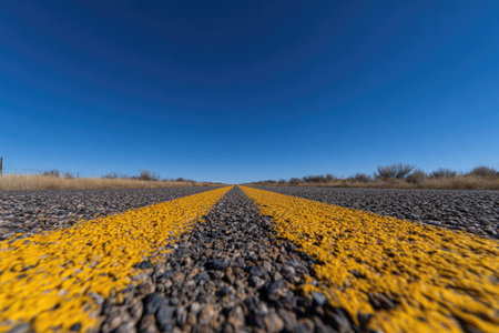 An eye-level view captures a paved road, marked with vibrant yellow lines, receding into the distance. The textured asphalt contrasts with the deep blue sky. Minimalist composition suggests travel or journey. Suitable for illustrating concepts of transportation, road trips, and outdoor adventures, with commercial applications.の素材