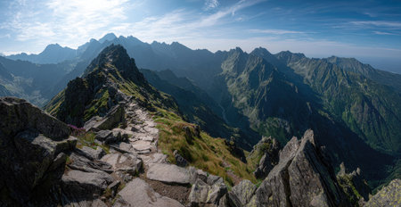A rocky mountain ridge pathway winds across a vast landscape under a bright, blue sky. The scene showcases a panoramic view, featuring jagged peaks and textured rock formations. The composition employs natural lighting, suggesting an outdoor environment. Suitable for a variety of commercial and editorial uses.の素材