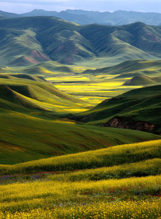 An expansive landscape showcases rolling green hills and vibrant yellow fields. The image features a bright, sunny environment with varying shades of green and yellow. The composition offers a sense of depth and vastness. Suitable for illustrating travel, nature, or environmental themes.の素材