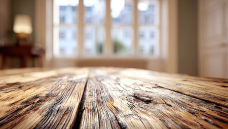 An aged wooden table dominates the foreground, displaying detailed textures and a natural color palette. The composition is lit by soft, diffused daylight from a large window in the background. This image could be used for various commercial projects and editorial needs, emphasizing natural materials and interior settings.の素材