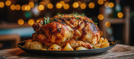 A close-up captures a roasted chicken with potatoes, artfully arranged on a dark plate. The dish displays a golden-brown hue, suggestive of savory cooking. The composition is set in a dimly lit environment, possibly indoors, with soft, blurred lights in the background. This image could be suitable for food-related projects or culinary publications.の素材