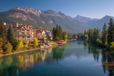 A calm river reflects the surrounding landscape, including structures, trees, and mountains. The scene features a clear sky and natural light. This visual is suitable for depicting travel destinations or illustrating concepts of nature and architecture. It could be used for various commercial or editorial applications.の素材