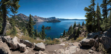 The image features a vast, deep blue lake surrounded by mountains and verdant trees under a bright sky. The composition showcases natural textures, with visible rocks in the foreground and a panoramic view of the landscape. It suggests an outdoor setting, likely a sunny day, ideal for various commercial and editorial projects.の素材