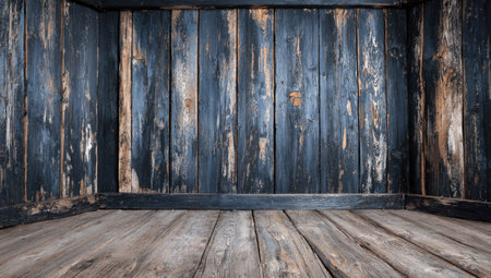 This image showcases a room interior with aged wooden paneling. The walls and floor exhibit a weathered texture, featuring shades of blue and brown. The composition is a front view, highlighting the empty space, with an emphasis on the materials. It could be used for various design, background or product display purposes.の素材