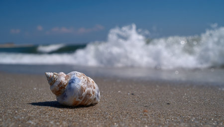 A close-up view displays a seashell resting on a sandy beach. The image features a bright blue sky and ocean waves in the background, creating a natural setting. This scene showcases the beauty of a coastal environment, lending itself well to a variety of commercial and editorial applications.の素材