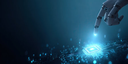 An image showcases a robotic hand interacting with a glowing circuit board, highlighting concepts related to technology. The scene features cool blue tones, suggesting a futuristic or digital environment. The composition offers space for creative or promotional uses. The image uses a shallow depth of field, with soft lighting and a clean design.の素材