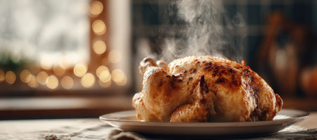 A close-up view displays a roasted chicken on a plate, with steam rising from the hot food. The image features warm tones and soft lighting, suggesting an indoor setting possibly near a window. It can be used in various commercial applications related to food, cooking, and culinary experiences.の素材