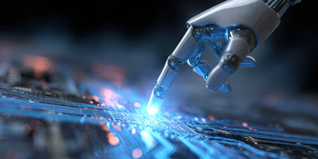 An image showcases a robotic hand interacting with a circuit board, highlighting technology. The composition uses bright blue and white colors, and the lighting creates a futuristic feel. This image could be used in various commercial or editorial contexts, such as illustrating technology or artificial intelligence.の素材
