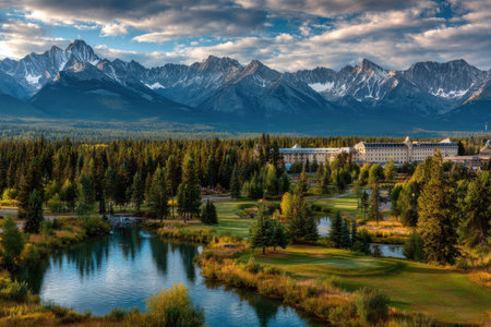 This image showcases a picturesque landscape featuring a serene lake, lush forest, and towering mountains. The composition highlights the natural beauty of the environment, with varying shades of green, blue, and brown. Suitable for use in a variety of commercial and editorial projects requiring imagery of nature.の素材