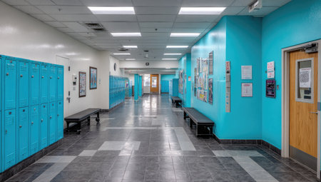 An interior shot depicts a school hallway, featuring rows of lockers and benches. The scene is illuminated by overhead lights, highlighting the bright color palette of blue and white walls. The composition presents a perspective view, potentially suitable for various educational or commercial purposes, showcasing a clean, functional design.の素材