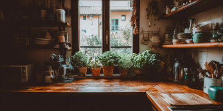 An interior scene features a kitchen setting. A window displays exterior foliage and allows soft, natural lighting. Various plants are placed on the windowsill. The warm-toned wooden countertop adds to the rustic feel. The image could be used for lifestyle, design, and culinary-themed visuals.の素材
