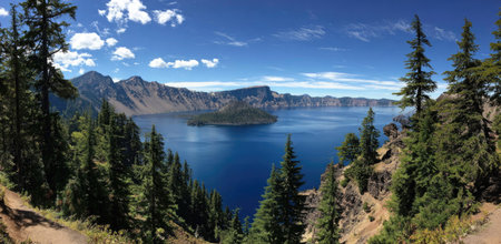 A landscape image features a serene lake surrounded by mountains and lush green evergreen trees. The composition is bathed in sunlight, with a blue sky dotted with fluffy clouds. This type of imagery might be suitable for editorial content or commercial uses, for travel and environment themes.の素材