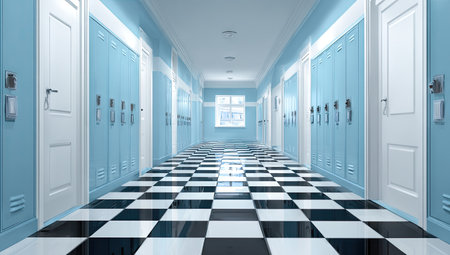 An interior shot features a school hallway with symmetrical design. Blue lockers line the walls, accented by white doors and a checkered black and white floor pattern. The overhead lighting illuminates the space. Suitable for editorial concepts, educational publications, and design projects.の素材